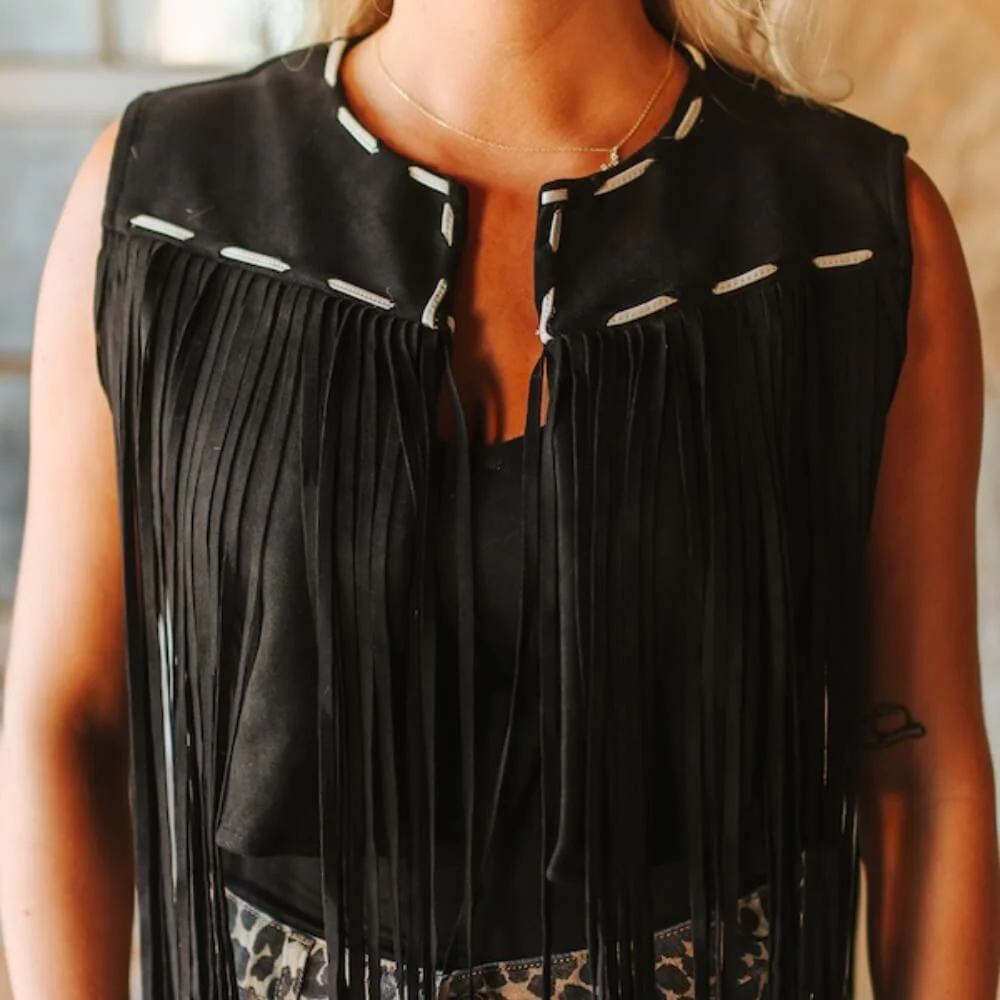 Lucky & Blessed Womens Buck-stitch Fringe Vest Black - V2094-BLK - Image 3