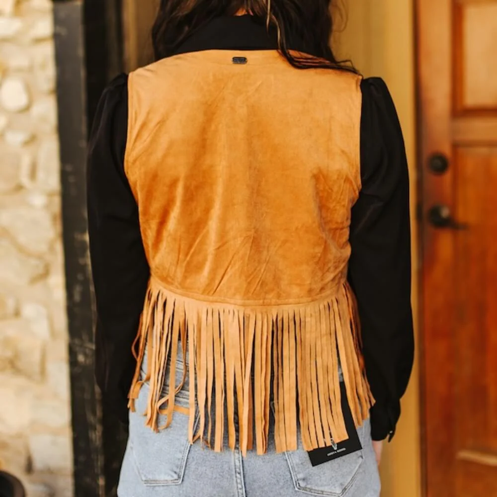Sugar & Lace Womens Floral Embroidered Fringe Vest Camel - SLV2022-CML - Image 2
