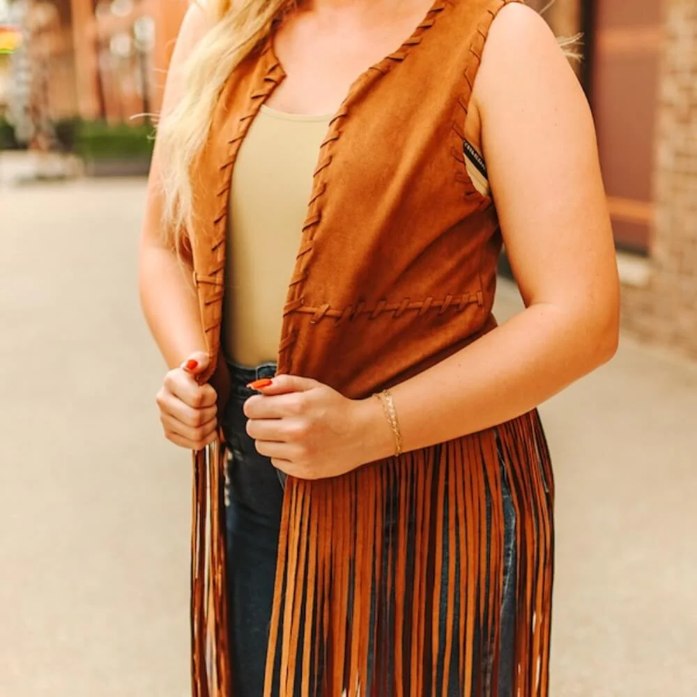 Sugar & Lace Womens Stretch Suede Fringe Vest Camel - SLJO390-CML - Image 3