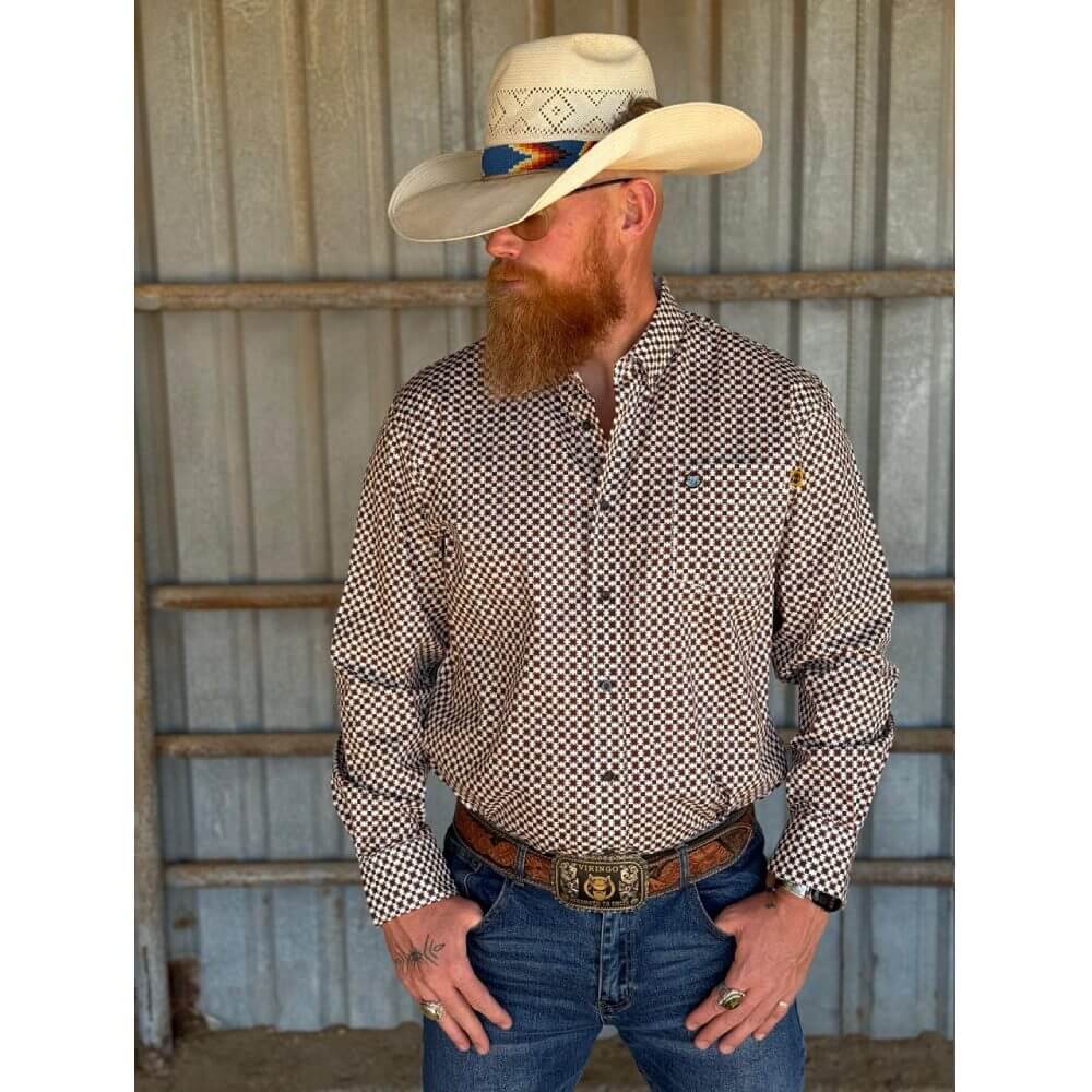 Tempco Mens El Vikingo Button Down Long Sleeve Shirt White Brown - TMVKBTLS-418 - Image 2
