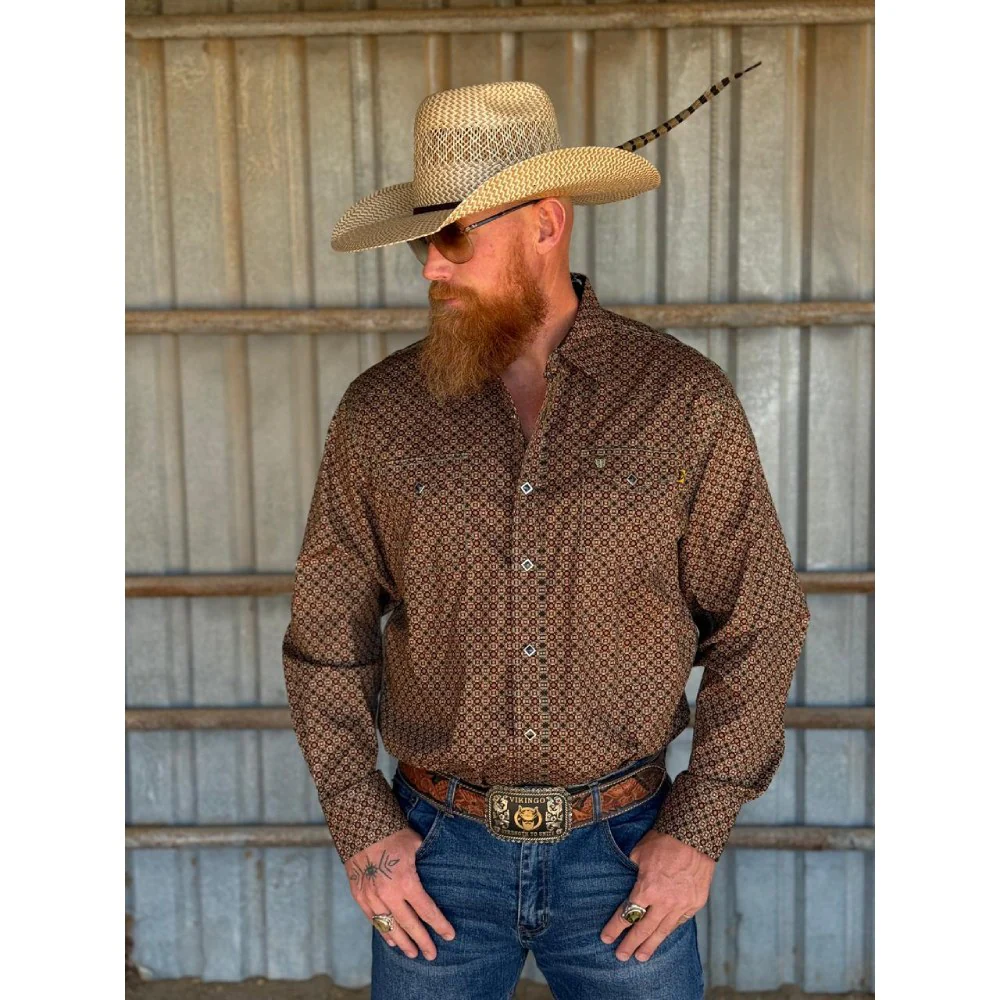 Tempco Mens El Vikingo Square Snap Long Sleeve Shirt Brown/Green - TMVKSNLS-411 - Image 2