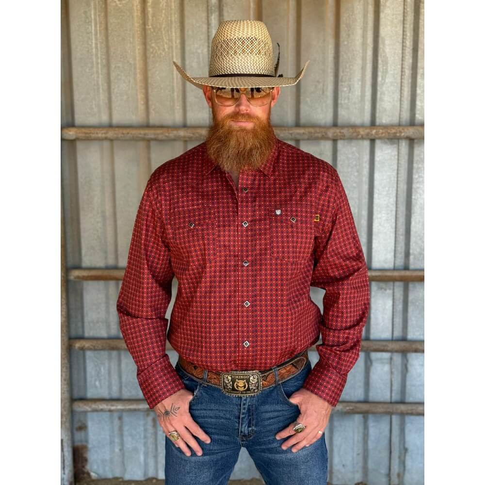Tempco Mens El Vikingo Square Snap Long Sleeve Shirt Red Geo - TMVKSNLS-417