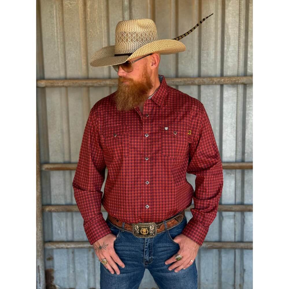 Tempco Mens El Vikingo Square Snap Long Sleeve Shirt Red Geo - TMVKSNLS-417 - Image 2