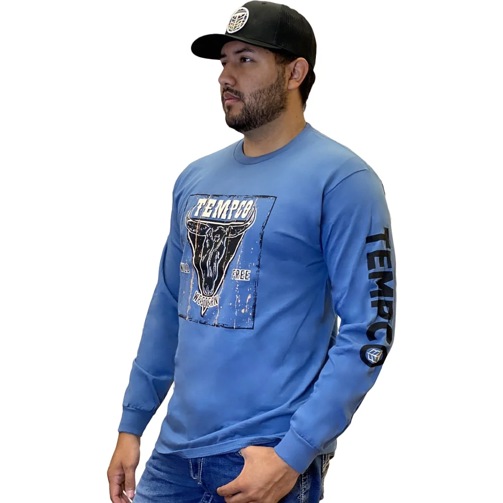Tempco Mens Western Bull Long Sleeve T-Shirt Blue - WESTERNBULL - Image 2