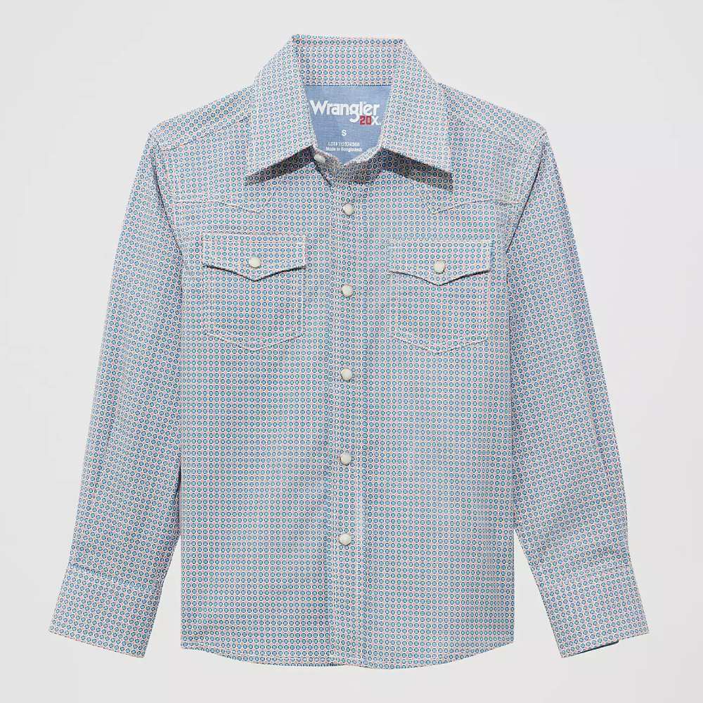 Wrangler Boys 20X Advanced Comfort Western Pearl Snap Shirt Blue Stops - 112374368