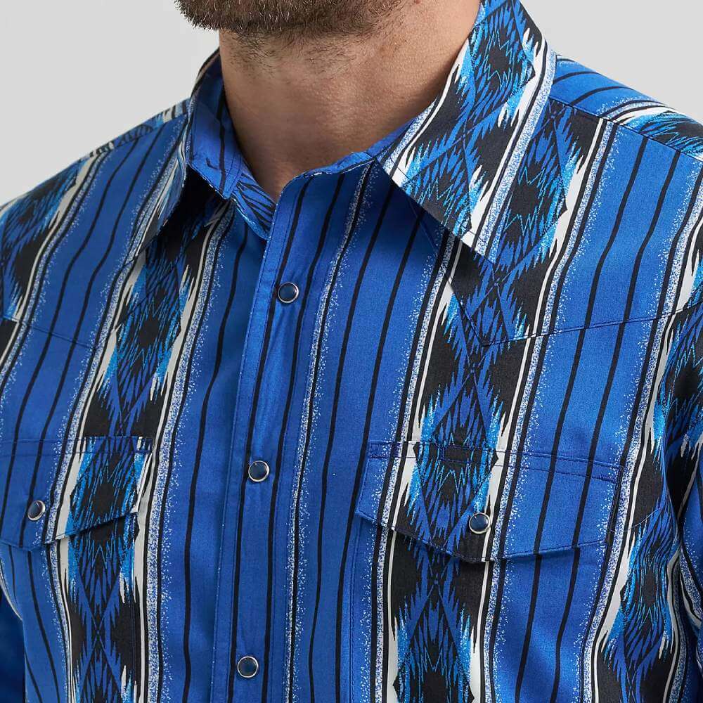 Wrangler Mens Checotah Western Printed Shirt Bold Blue - 112369484 - Image 3
