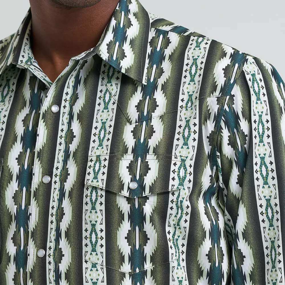 Wrangler Mens Checotah® Western Snap Printed Shirt Olivine - 112379228 - Image 4