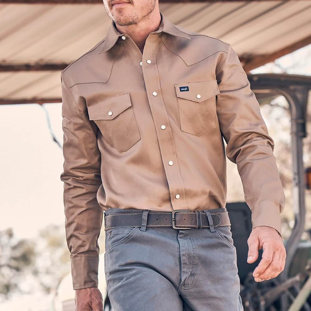 Wrangler Mens Rawhide Cowboy Cut® Firm Finish Twill Western Work Pearl Snap Shirt Rawhide (beige) - MS71519