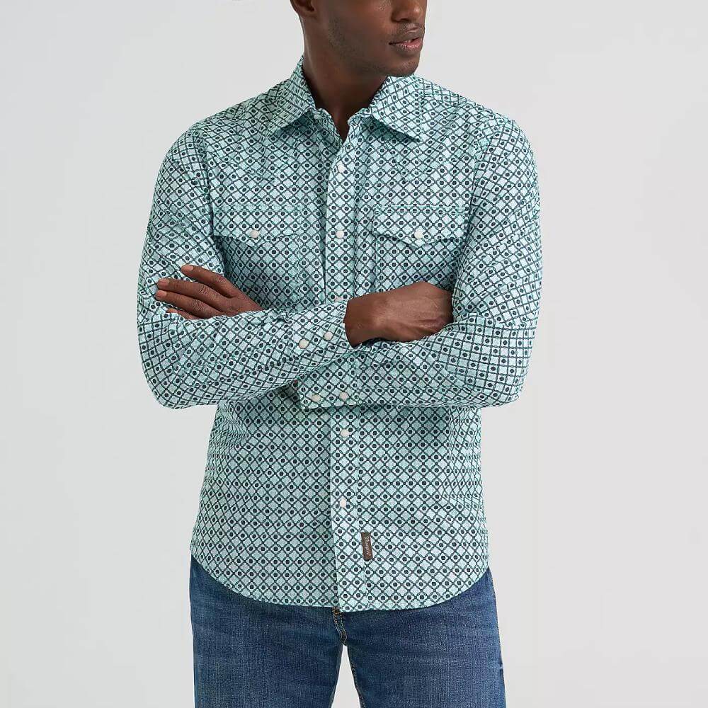 Wrangler Mens Retro® Premium Western Snap Printed Shirt Turquoise Diamond - 112378803