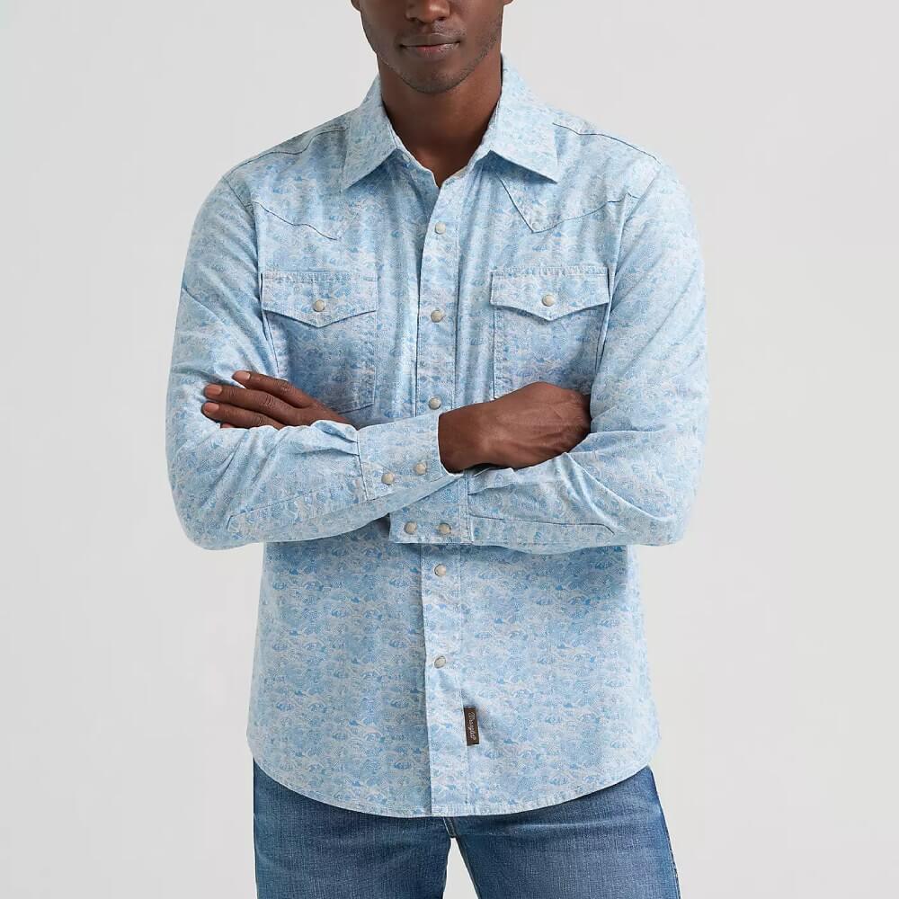 Wrangler Mens Retro Western Printed Pearl Snap Shirt Toile Waves - 112374976