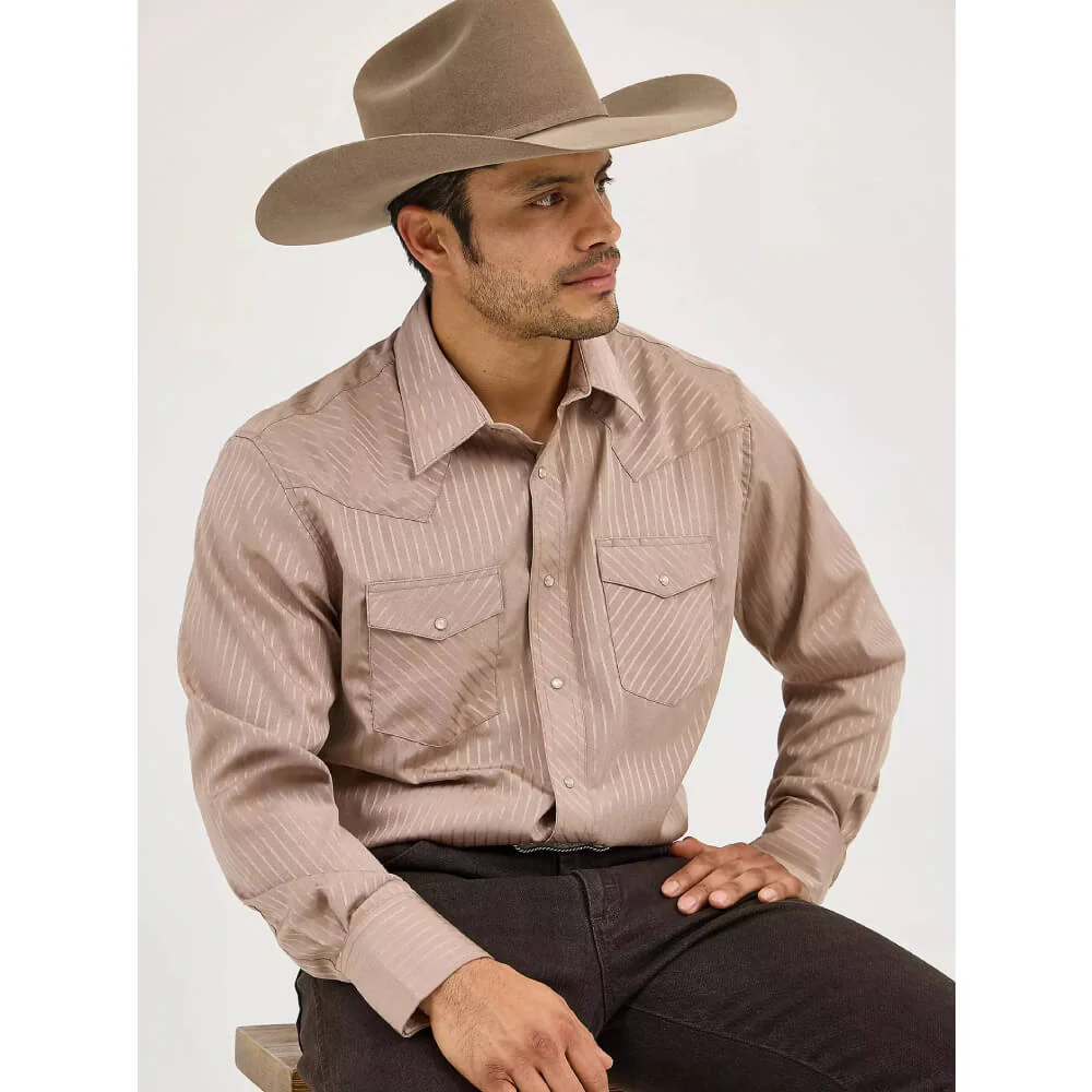 Wrangler Mens Sport Western Dobby Stripe Pearl Snap Shirt Tan - 75742TN - Image 4