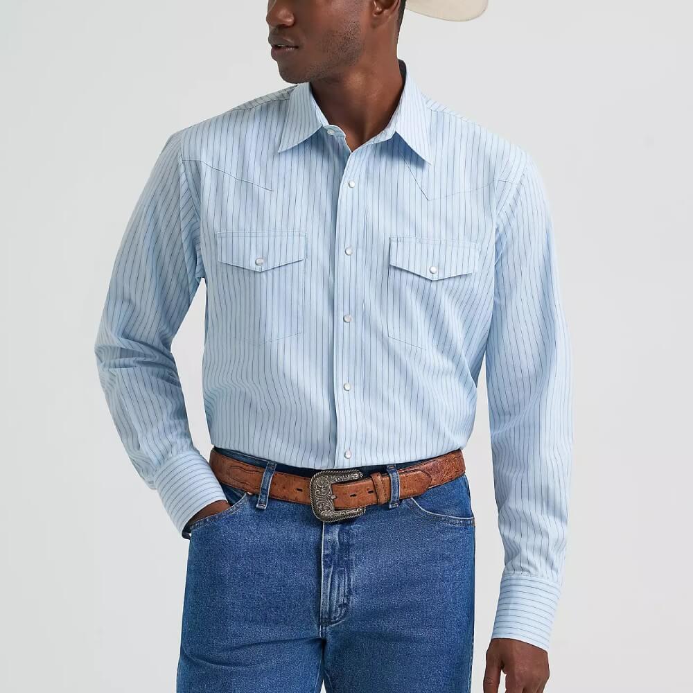 Wrangler Mens Long Sleeve Western Stripe Pearl Snap Shirt Sky Blue - 112374876