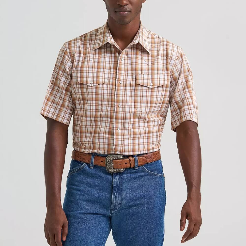 Wrangler Mens Wrinkle Resist Western Plaid Pearl Snap Shirt Hay Brown - 112374892