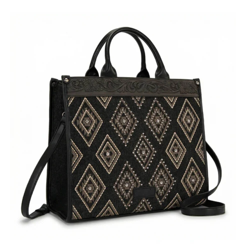 Wrangler Womens Aztec Studded Denim Tote/Crossbody Bag Black - WG435-8119BK - Image 4