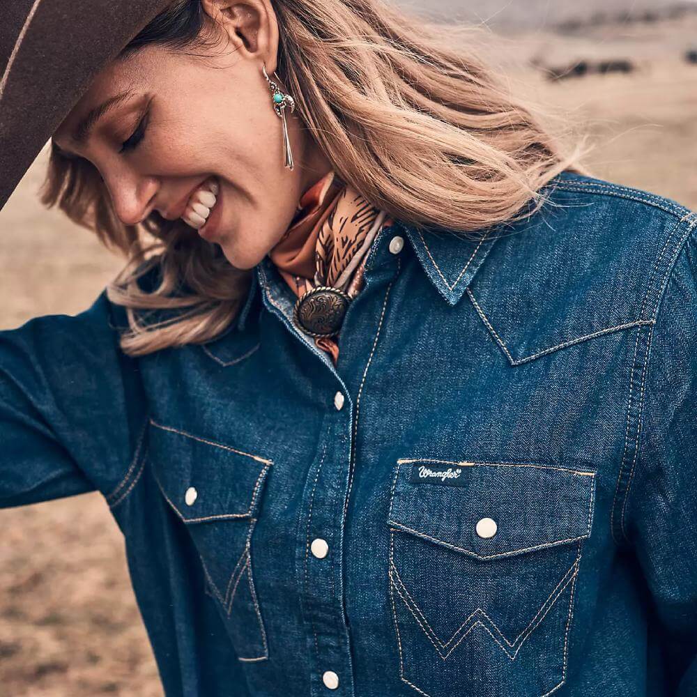 Wrangler Womens Relaxed Western Shirt Denim Dress - 112373761 - Image 2