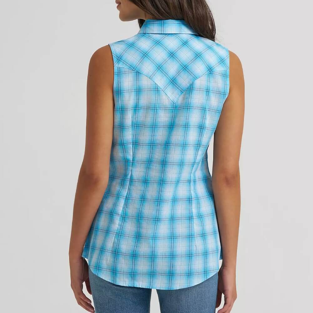 Wrangler Womens Essential Sleeveless Plaid Western Shirt Pool Blue - 112379474 - Image 2