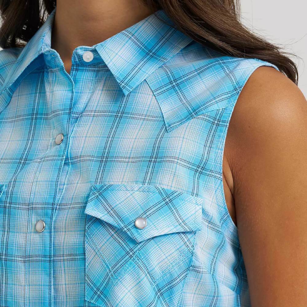 Wrangler Womens Essential Sleeveless Plaid Western Shirt Pool Blue - 112379474 - Image 3