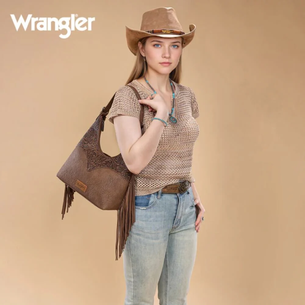 Wrangler Womens Fringe Floral Tooled Hobo Bag Coffee - WG265-3027CF - Image 2