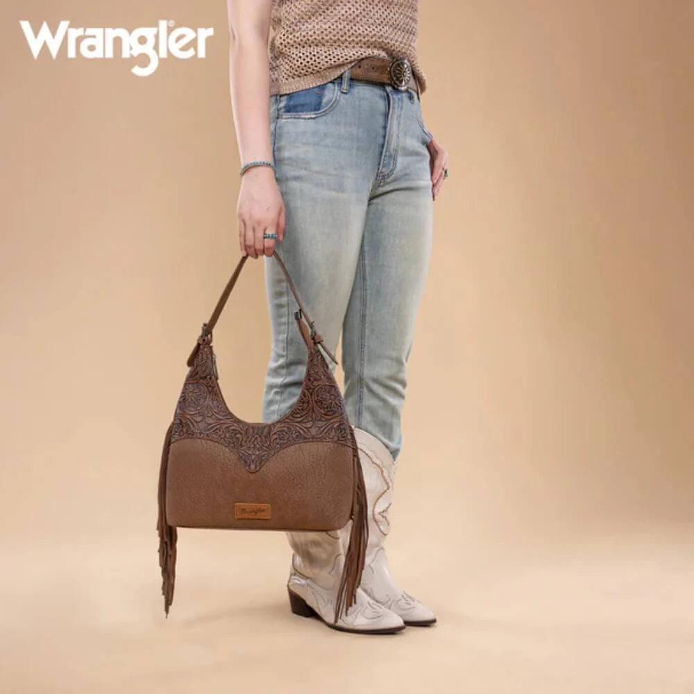 Wrangler Womens Fringe Floral Tooled Hobo Bag Coffee - WG265-3027CF - Image 3