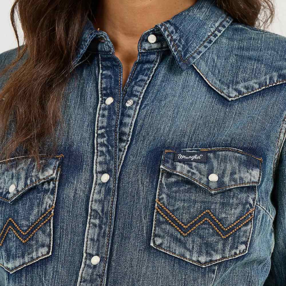 Wrangler Womens Long Sleeve Pearl Snap Shirt Denim - LW3039D - Image 3