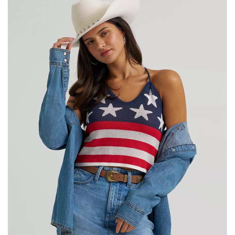 Wrangler Womens Stars and Stripes Crochet Tank Top Blue - 112379502 - Image 2