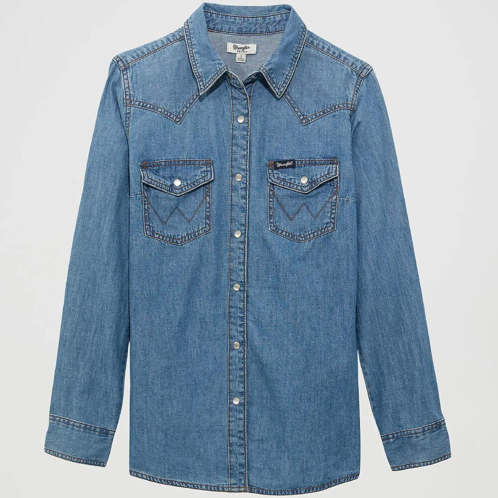 Wrangler Womens Western Denim Pearl Snap Shirt Mid Denim - 10LW7006D - Image 4