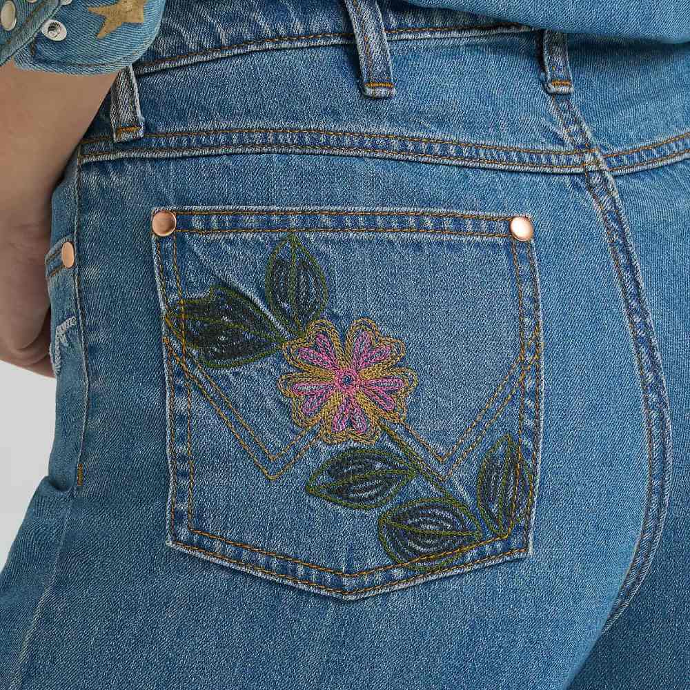 Wrangler x Lainey Wilson Womens Embroidered Cheeky Wide Leg Jeans Mid Wash - 112375654 - Image 8